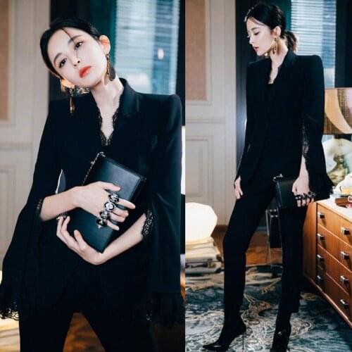 2019 New Spring Autumn Women Elegant Black Pants Set Lace Patchwork Split Sleeve Blazer + Ankle Length Pants 2 Pieces Set Y242