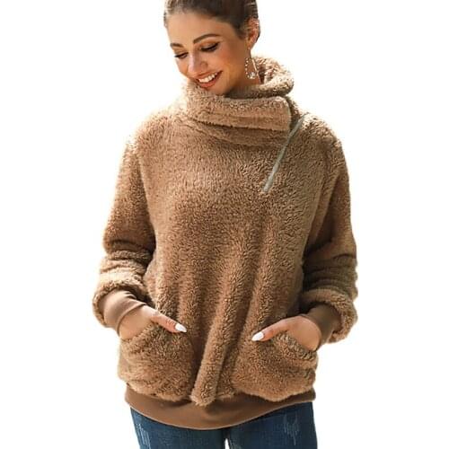 Women Plush Sweater Teddy Jacket 2019 Autumn Winter Stand Collar Warm Thick Fleece Outwear Solid Female Casual Cotton Tops