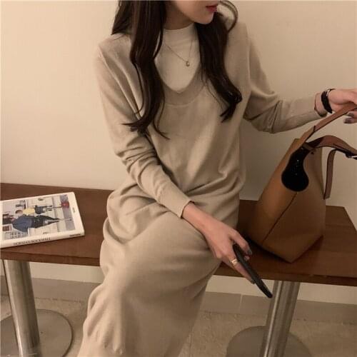 2021 Women Spring Patchwork Knitted Long Sweater Dress Full Sleeve Round Collar Pullover Straight Dresses