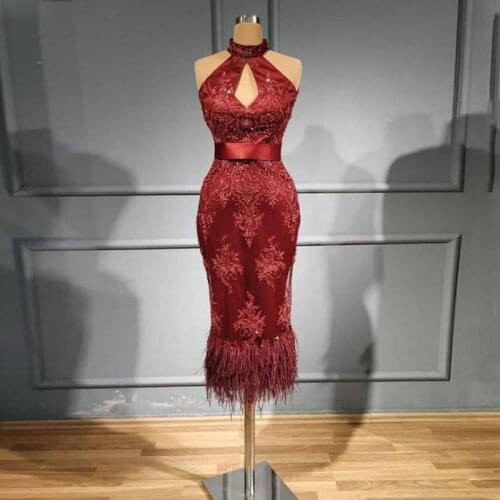 Burgundy Lace Halter Sleeveless Prom Dresses Feather Tea Length Zipper Back Evening Gowns Women Formal Party Dress 2022