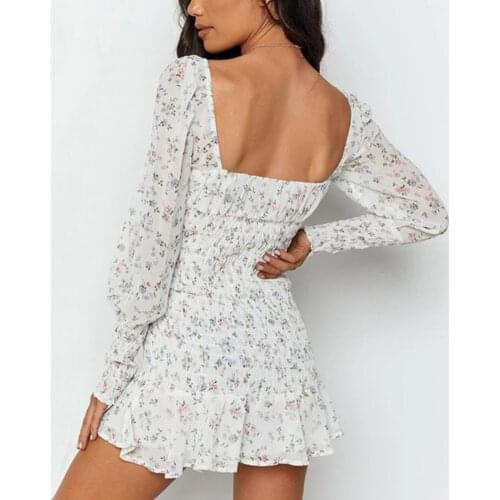 Flower Floral Print Backless Bodycon Mini Dress Long Sleeve Ruched Puff Sleeve Sexy Short Women Dress Vacation Summer Streetwear