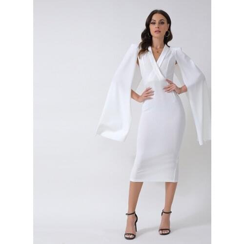 Fashion White Women Dress V-neck Slim Temperament Split Bodycon Dress Vestidos Lady Office Elegant Work Wear Modest Clothes