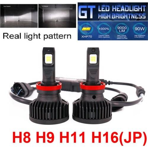 1 Set H8 H9 H11 H16(JP) XHP70 LENS Chips GT Car LED Headlight 90W 9000LM High Bright EMC Turbo Fan Front Bulb Lamp 6000K White
