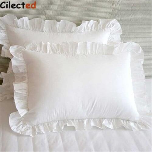 Cilected 2Pcs White Pillowcase Bedding Cotton Solid Ruffle Pillow Sham Princess European Pillow Cover Protector 48*74cm