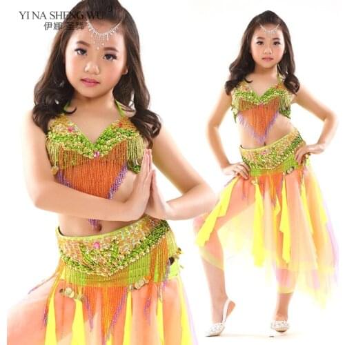 Girls Bellydancing Clothes Set 2 Pieces Oriental Dance Costumes Bra Belt Suit Kid Belly Dance Costume Stage Performance Wear