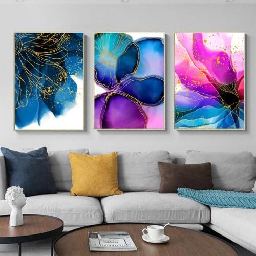 Abstract Gold Lines Flowers Posters Purple Pink Blue Wall Art Modern Canvas Painting Prints Pictures for Living Room Home Decor