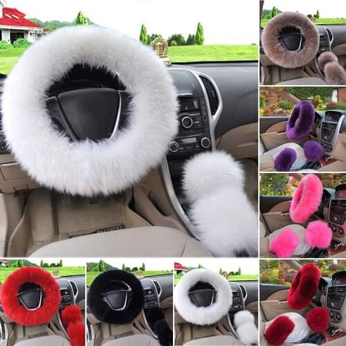 CAR Long Plush Warm Steering Wheel Cover Woolen Handbrake Universal 3pcs/Set Artificial Fur Auto Interior Steering Wheel Covers