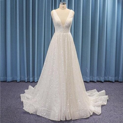 Shiny Princess Wedding Dresses Illusion Neck 2021 Boho Sleeveless Beach Bridal Dresses Backless Elegant Wedding Party Gowns New