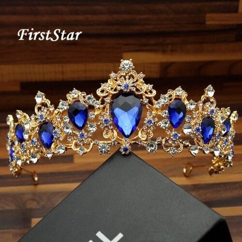 Big Vintage Gold Women Hair Accessories Rhinestone Pageant Bridal Diadem Crystal Royal Blue Tiara And Crown Headband For Wedding