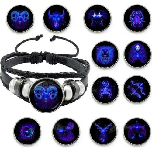 12 Constellations Bracelet Personality Rope Bracelet Black Button Leather Glass Bracelet Male Female Fashion Accessories Gift