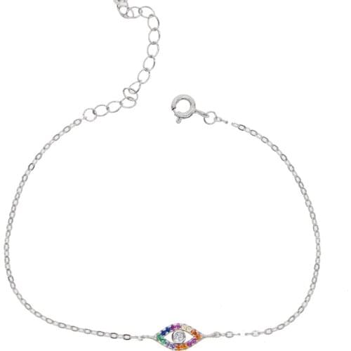 925 sterling silver rainbow cz link chain evil eye charm bracelet 15+4cm extend chain cute lovely women girl fashion bracelets