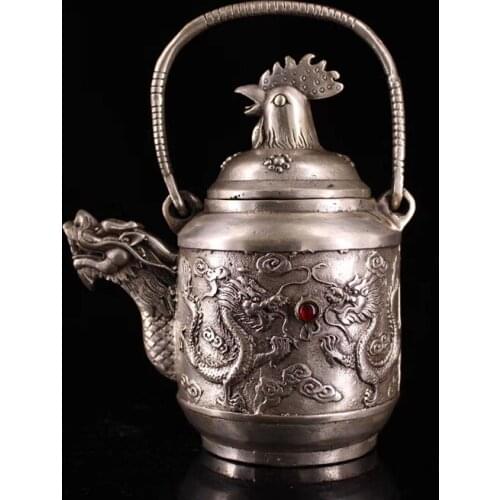 Rare Handmade gemstone silver dragon mouth pot Shuanglong opera beads hip flask kettle desk decoration