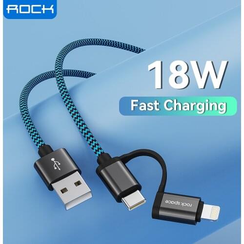 ROCK 2 in 1 USB Type C Cable for Samsung Xiaomi 18W Fast Charging for iPhone Xs Max Xr 8 7 Plus Data Cable Phone Charging Code