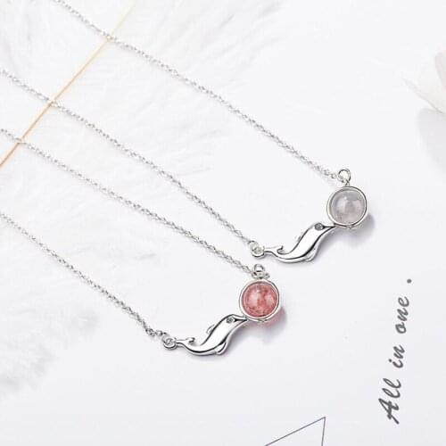 KOFSAC New Charm 925 Silver Necklaces Women Sweet Cute Pink Crystal Dolphin Pendant Necklace Girl Valentines Day Jewelry Gifts