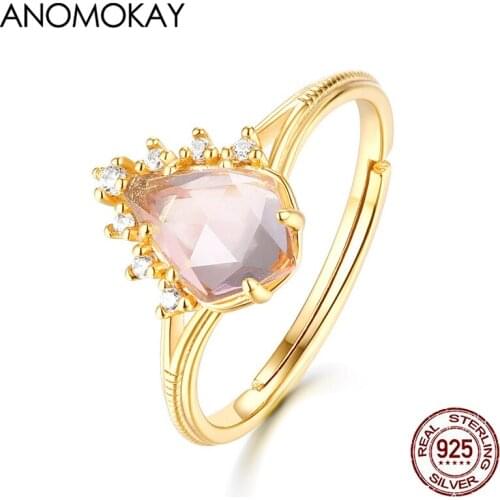 Anomokay New Water Drop Pink Rose Quartz Adjustable 925 Silver Ring Set with White Crystal Gold Color Rings for Women Gift