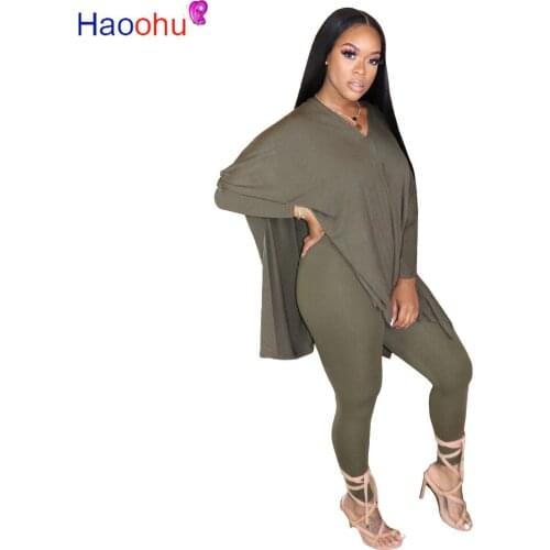 HAOOHU High Street Womens Set Split Hem V-neck Long Sleeve T-shirt Sweatpants Jogger Suit Tracksuit Matching Set Outfit 2pcs
