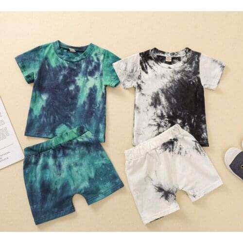 2Pcs Little Boys Outfit Summer 2021, Toddlers Round Collar Random Dyeing Printing Short Sleeve Top + Casual Shorts Set
