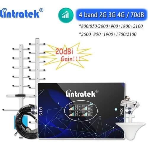 New 4 band Signal Booster GSM 2G 3G 4G LTE Amplifier AGC 70dB 800 850 900 2100 1800 B7 2600 Mobile Cellular Repeater 20dBi Yagi