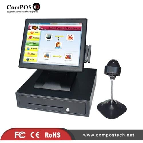 Whole set 15 inch resistive screen POS System for retailers All In One with cash drawer 1D scanner Point of Sale with MSR