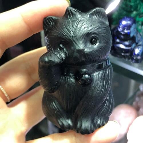 Hand Carved Natural Obsidian lucky Cat Figurine Quartz Crystal Healing Crystal Stone Home Decoration Gift