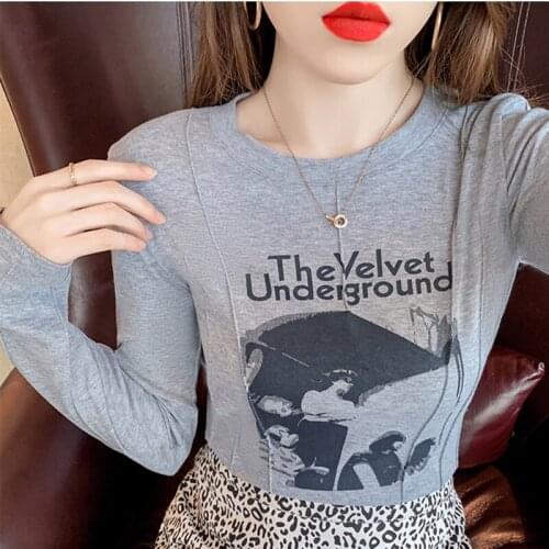Spring Fall Korean Clothes Short T-Shirt Girl Fashion Print O-Neck Women Tops Long Sleeve Slim Bottoming Shirt Tees 2021 T11705A