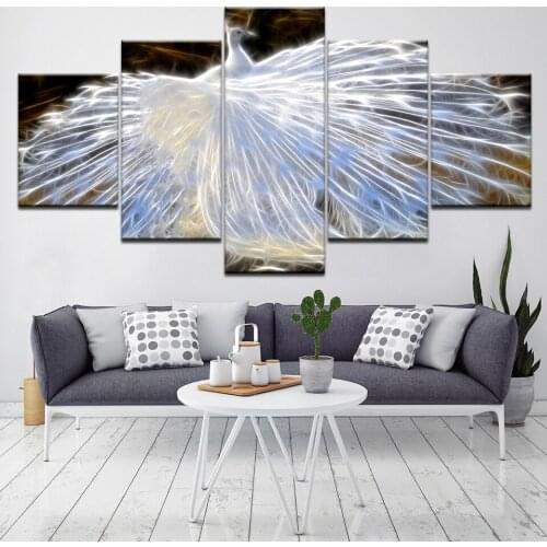 Modern Canvas Painting 5 Panel White Peacock Home Decoration Wall Art Modular Pictures For Living Room Animal Paintings Artwork