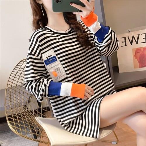 Plus size womens spring and autumn thin long-sleeved T-shirt female Korean version loose striped thin design T-shirt female top