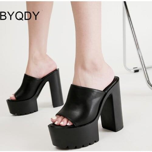 BYQDY New Peep Toe Sandals Women High Heels Concise Solid Platform Shoes Summer Heeled Slip-On Mules Black White High Quality