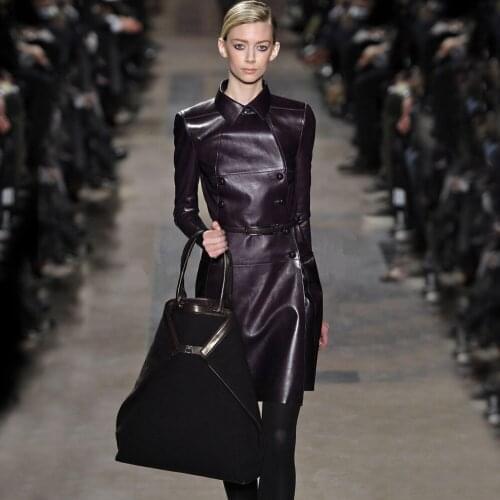 Double-breasted Long Leather Trench Coat Women Turn-down Collar Ladies Slim Work Business Solid Black Pu Leather Jacket