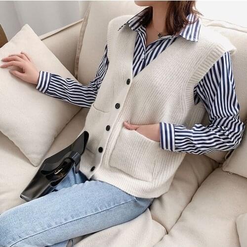 2020 Autumn Spring Loose Thick Sleeveless Sweater Pullovers Women Casual V-neck Sweater Vest Female Knitted Jumpers Top J326