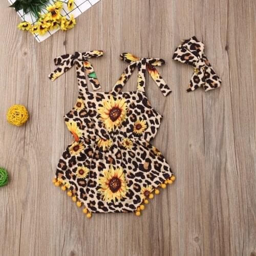 Cute Infant Baby Girl Leopard Print Romper Jumpsuit+Headband 2PCS Summer Fashion Baby Girls Clothing