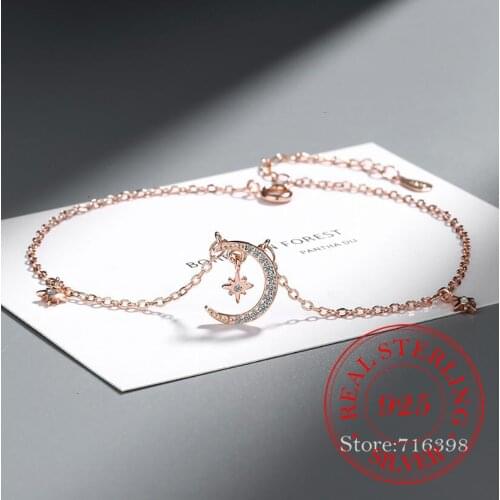 New Fashion 925 Sterling Silver Star&Moon Zircon Pendant Anklet Bracelet Constellation Symbol Foot Chain Women&Girl Jewelry Gift