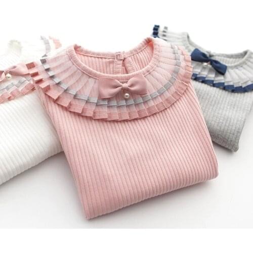 Girls Bottoming Shirt Baby Kids Cute Pleated Lace Thread Tops Children Bow Pearl Long-sleeved Knitted Sweater Underwear Clothes
