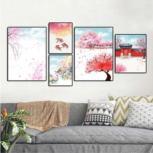 Home Decoration Print Canvas Picture Wall Art Paintings Oil Unframed Drawings Chinese Style Pink Flowers Golden Leavs