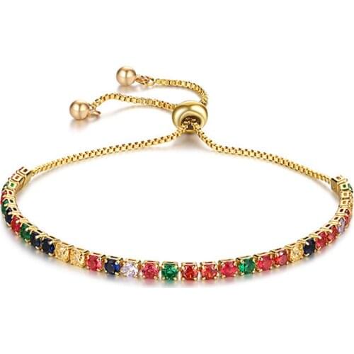 Eif Dock Sparkling Rainbow Cubic Zirconia Colorful Round Zircon Crystal Adjustable Bracelets for Women Party Jewelry Gift