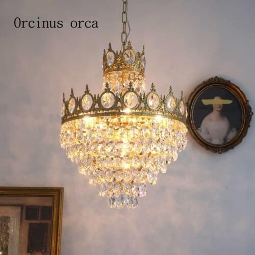 French Brass Crown Crystal Chandelier European living room dining room bedroom staircase villa American country luxury lamp