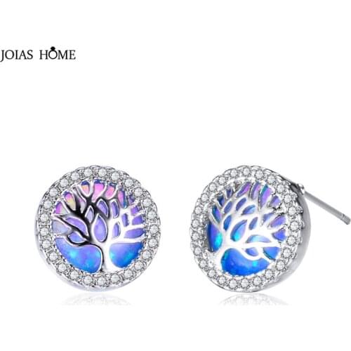 JoiasHome Round Stud Earrings for Women Silver 925 Jewelry Female Gemstone Ear-studs White Blue Opal Life Tree Fashion design