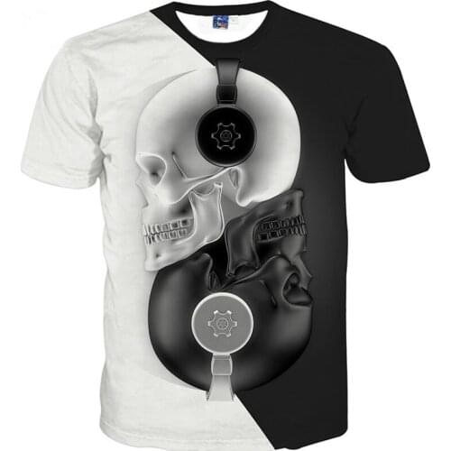 2021 mens summer hot style 3D personality three-dimensional short-sleeved skull music black and white T-shirt, mens cool casua