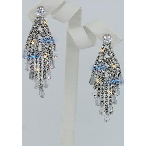 JXCUL New Silver Color Rhinestone Crystal Long Tassel Earrings for Women Bridal Drop Dangling Earrings Brincos Wedding Jewelry