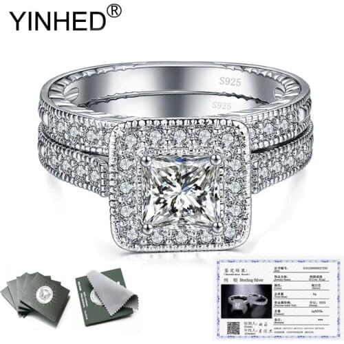 Send Certificate! 2pcs 925 Sterling Silver Wedding Ring Set Square Cut Cubic Zircon Engagement Jewelry Rings for Women ZR641