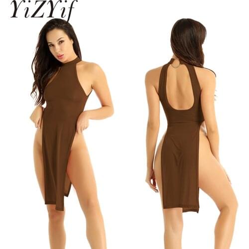 Sexy Women Dual Use Milk Ice Silk Smooth Elastic Nightclub High Cut Dress Turtleneck See Through Club Dancewear Erotic Nightgown