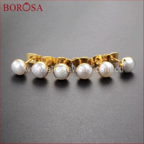 BOROSA 5/10Pairs Round Natural Pearl Stud Earrings Gold Earrings Baroque Pearl Earrings for Women Korean Earrings Jewelry G1064