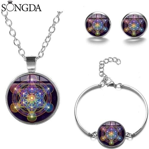 Mysterious Metatron Cube Jewelry Set Sacred Geometry Flower of Life Glass Magic Hexagram Necklace Earrings Bracelet for Unisex
