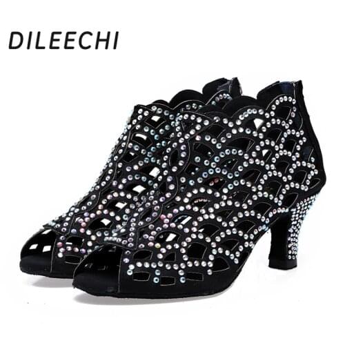 DILEECHI adult female diamond Latin dance shoes Lombardcia square dance shoes moder dance shoes black color heel 75mm