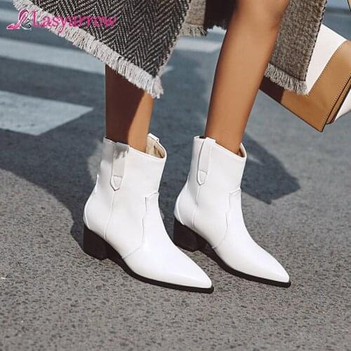 Lasyarrow 2020 new hot sale ankle boots woman suede flock pointed toe slip on square heels casual shoes woman western boots