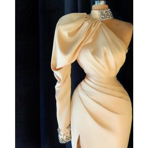 Lowime Arabic One Shoulder Party Dresses Long Prom Dress Crystals Plus Size Mermaid Formal Robe De Soiree Dubai Evening Gowns