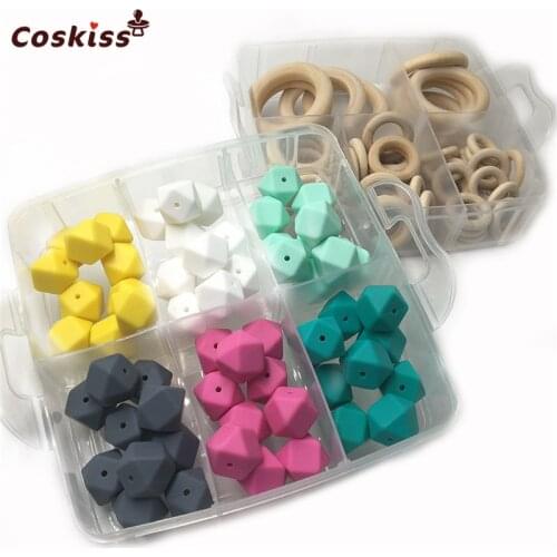 2 Box Mixed Color 0.67"(17mm) Geometric Hexagon Silicone Beads And Baby Wooden Ring Blending Creative For Baby Teether Necklace