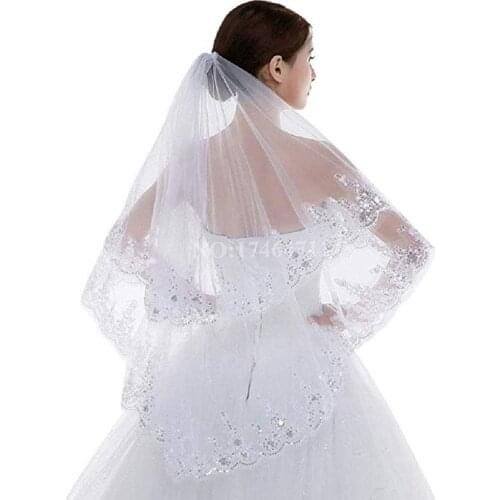 2 Tier Lace Appliqued Edge Bridal Wedding Veil with Comb Fingertip Length