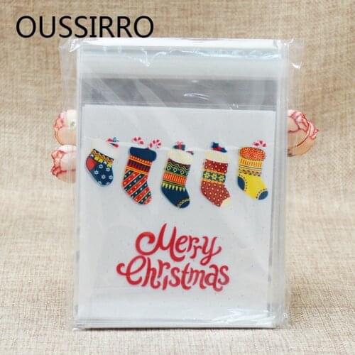 2020 50pcs Colorful Christmas Socks Plastic Cookies Packaging Bags Xmas Self Adhesive Gift Bag Candy Biscuit Pouch Party Decor