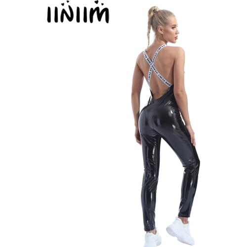 Womens Femme Patent Leather Bodysuit Wet Look Sleeveless Backless Jumpsuit for Fitness Skinny Body Latex Costumes Clubwear